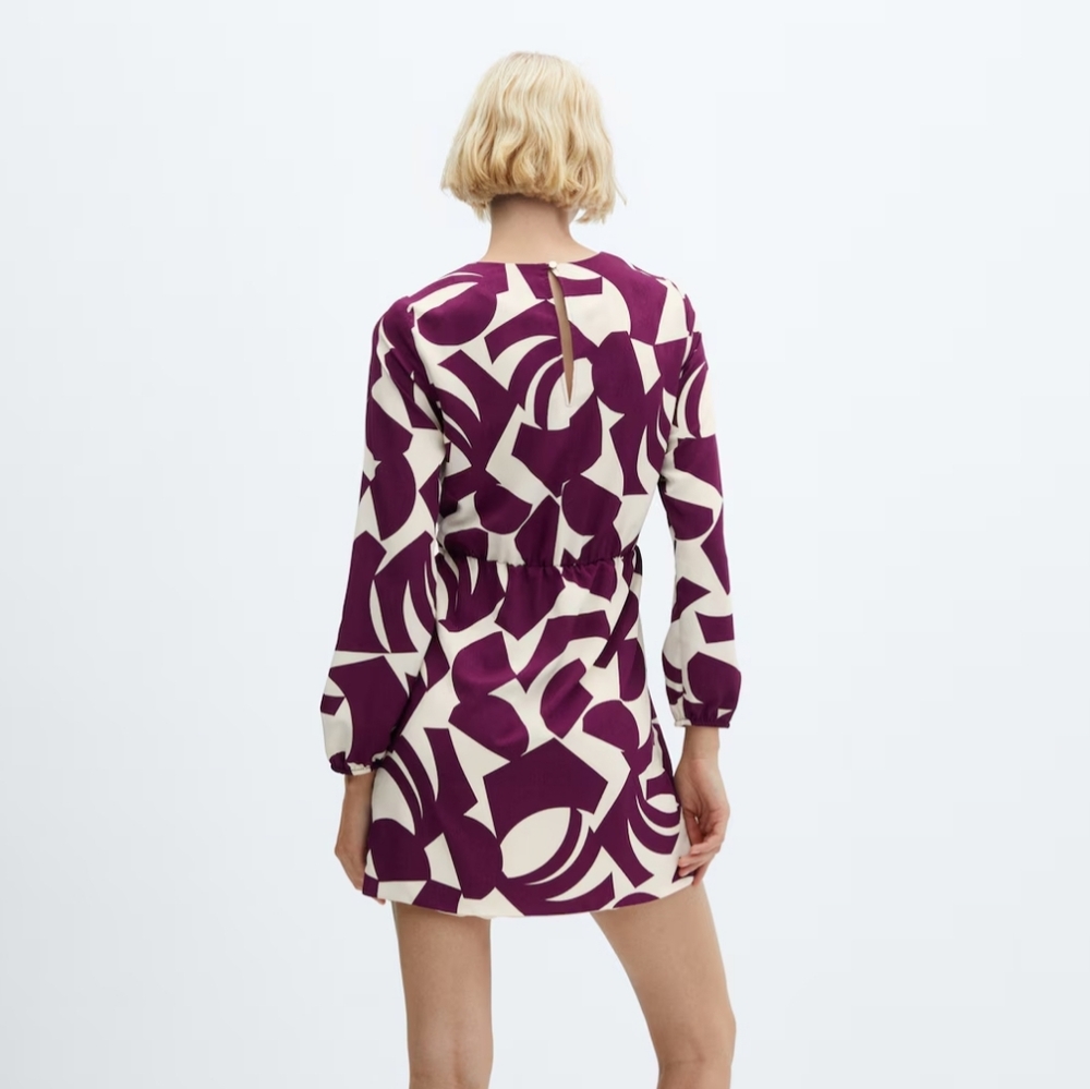 MANGO Purple Cream Abstract Print Lightweight Long Sleeve Mini Dress Medium NWT - Picture 2 of 15